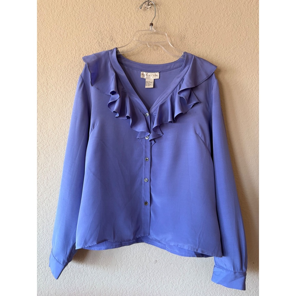Doncaster Periwinkle Blue 100% Silk Ruffle V-Neck Button Front Blouse Size 12